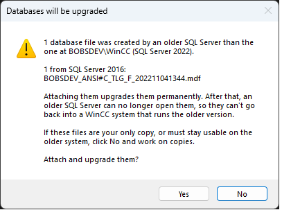 Warning dialog listing archive files that would be upgraded, with Yes and No buttons