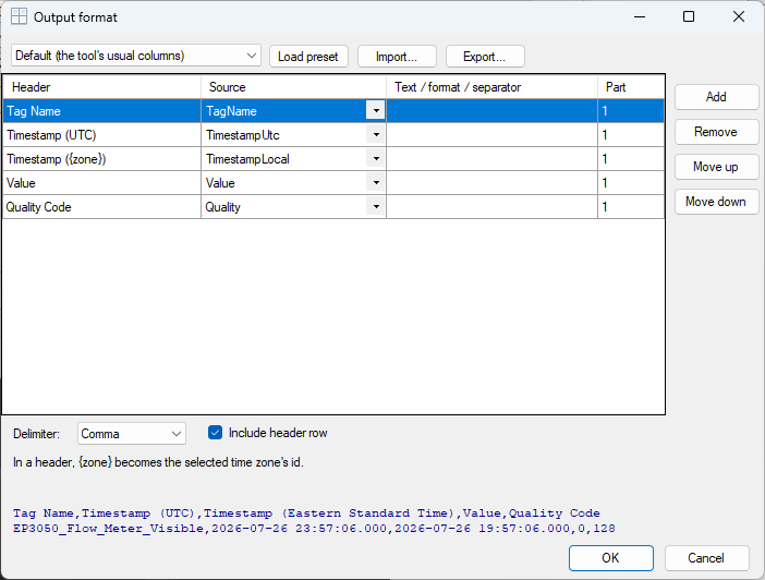 Output format dialog showing columns, delimiter and a live preview