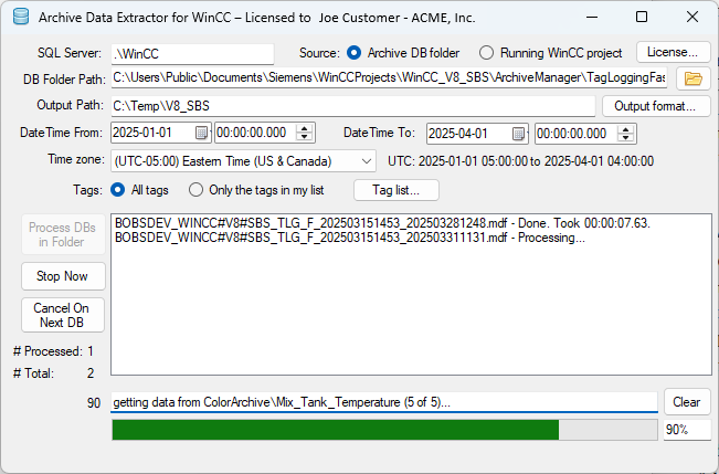Archive Data Extractor for WinCC exporting an archive, showing progress per tag