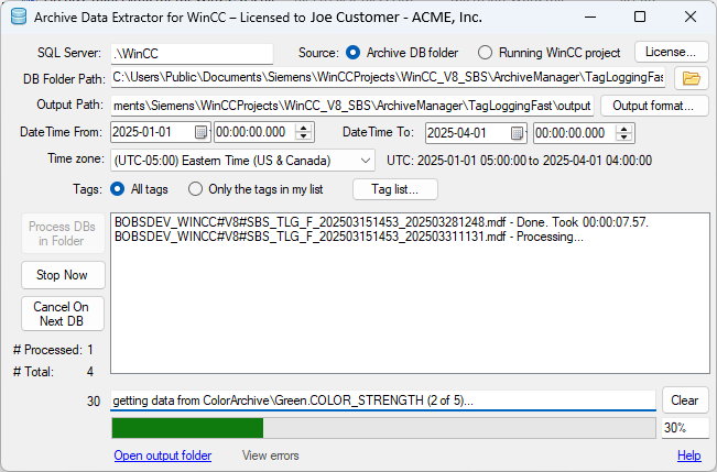 An export in progress with the Stop Now and Cancel On Next DB buttons available