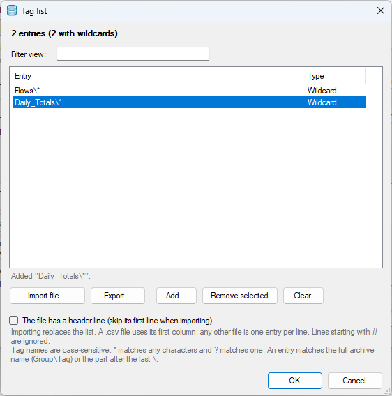 Tag list dialog with wildcard entries